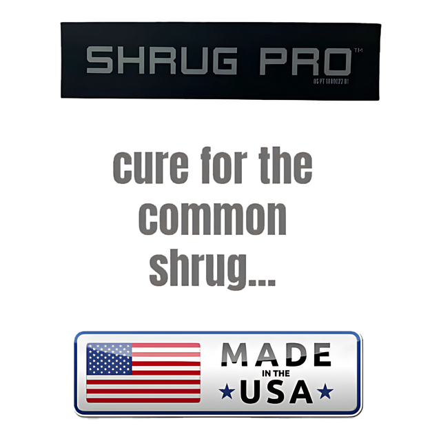 Black "SHRUG PRO" label, text "cure for the common shrug...", and a "Made in the USA" badge—ideal for any SHRUG PRO Freestanding Hex Bars Trap Bar Barbell Shrug Alternative - Without Rollers setup.