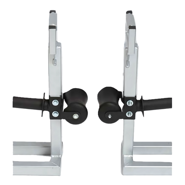 Two SHRUG PRO Freestanding Hex Bars (Trap Bar Barbell Shrug Alternative) without rollers, with adjustable handles, are positioned facing each other on a white background.