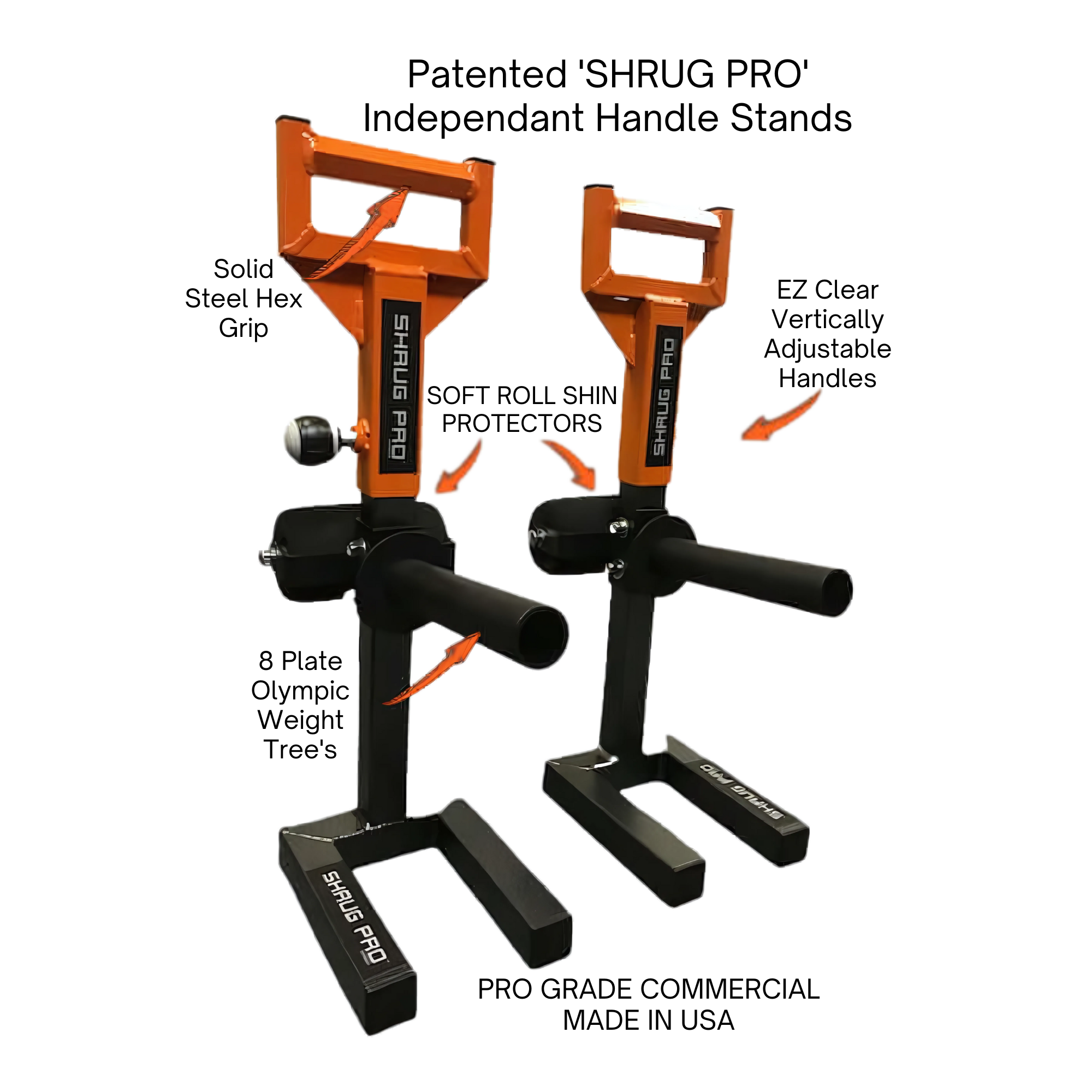 Two black and orange SHRUG PRO Freestanding Hex Bars (Trap Bar Barbell Shrug Alternatives - Without Rollers) with patented freestanding design, adjustable handles, and foot supports.