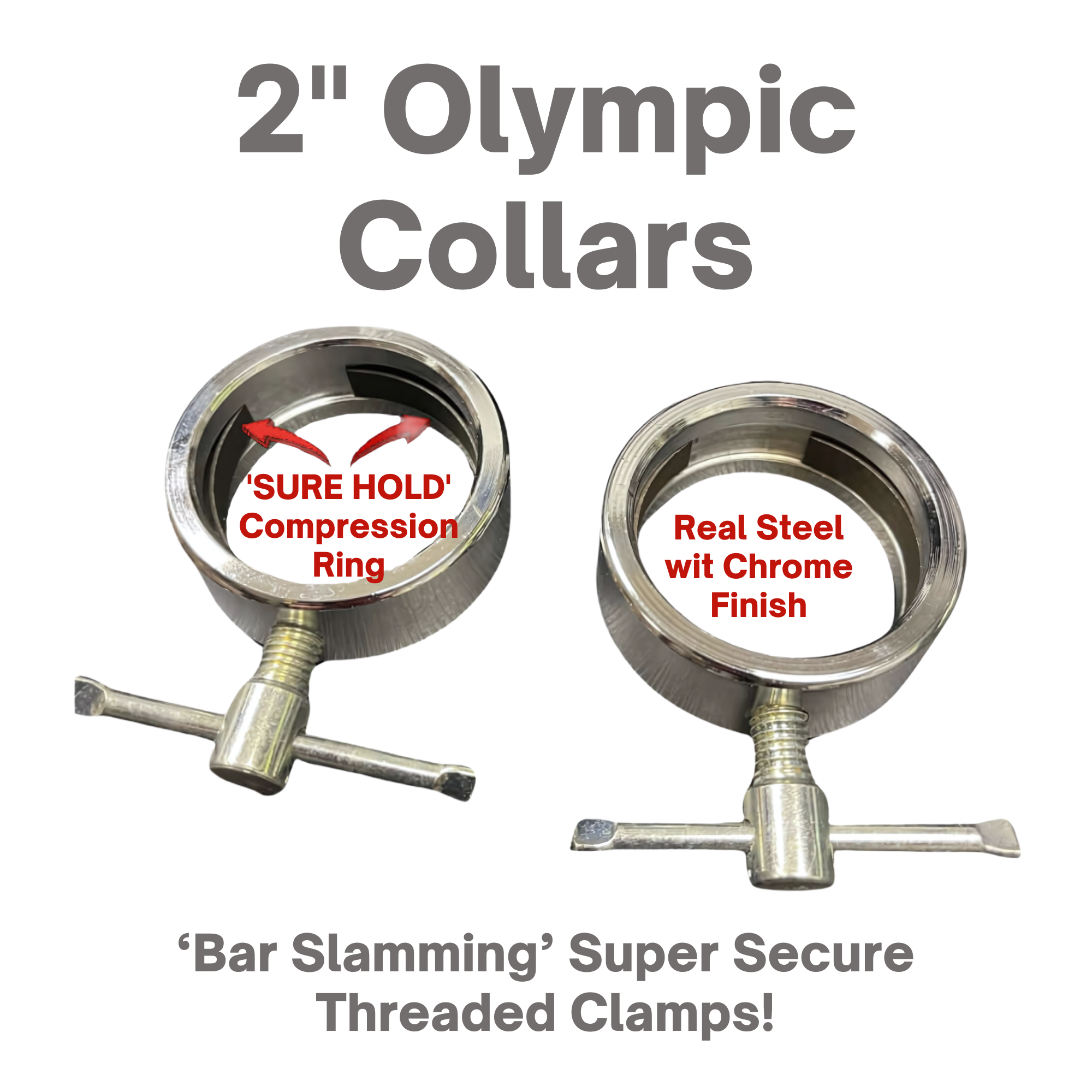 Pair of STEEL 2" Olympic Barbell Collars featuring threaded clamps, secure Compression Ring, and durable solid steel construction.