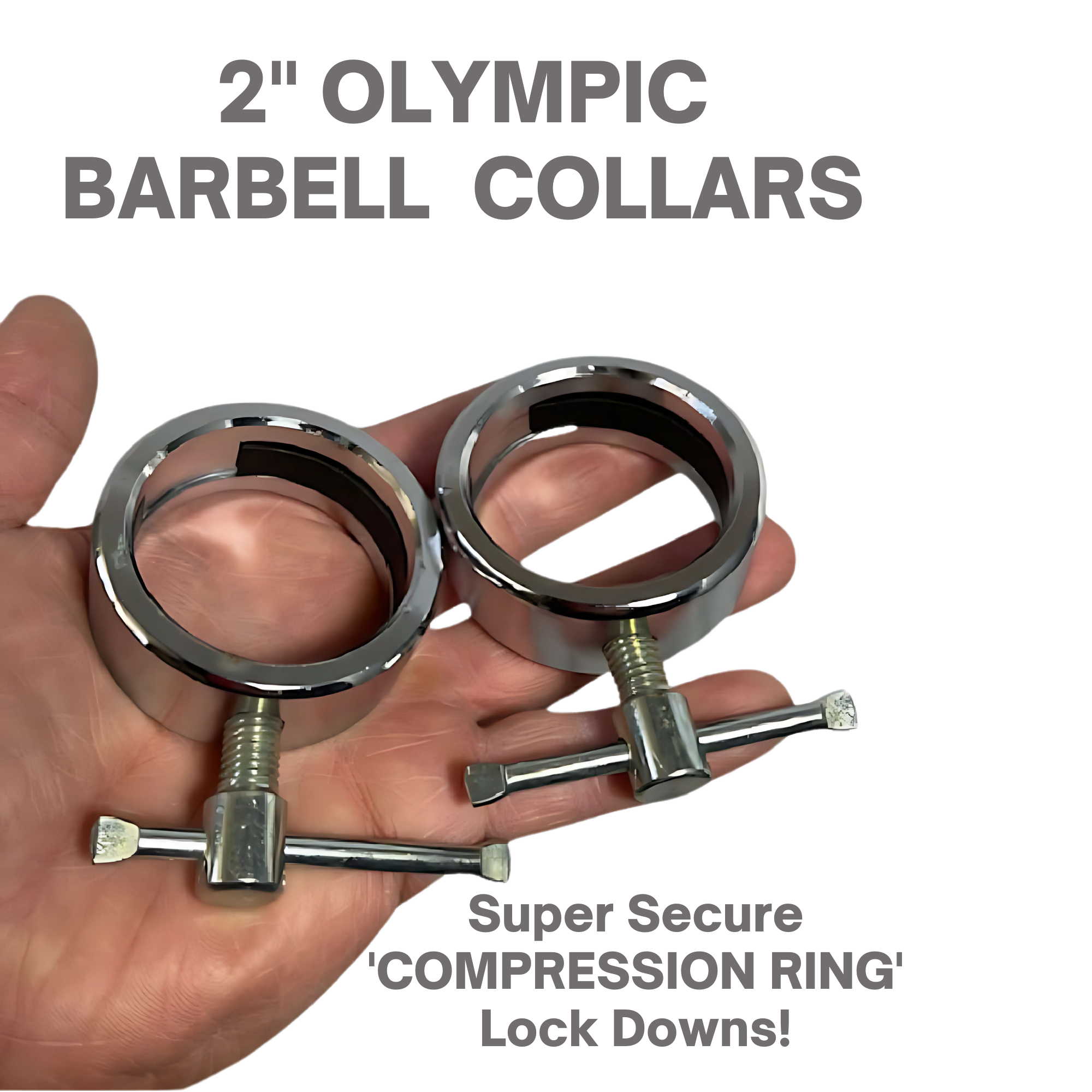 A hand holds two STEEL 2" Olympic Barbell Collars featuring shiny, solid steel construction and compression ring lock downs.