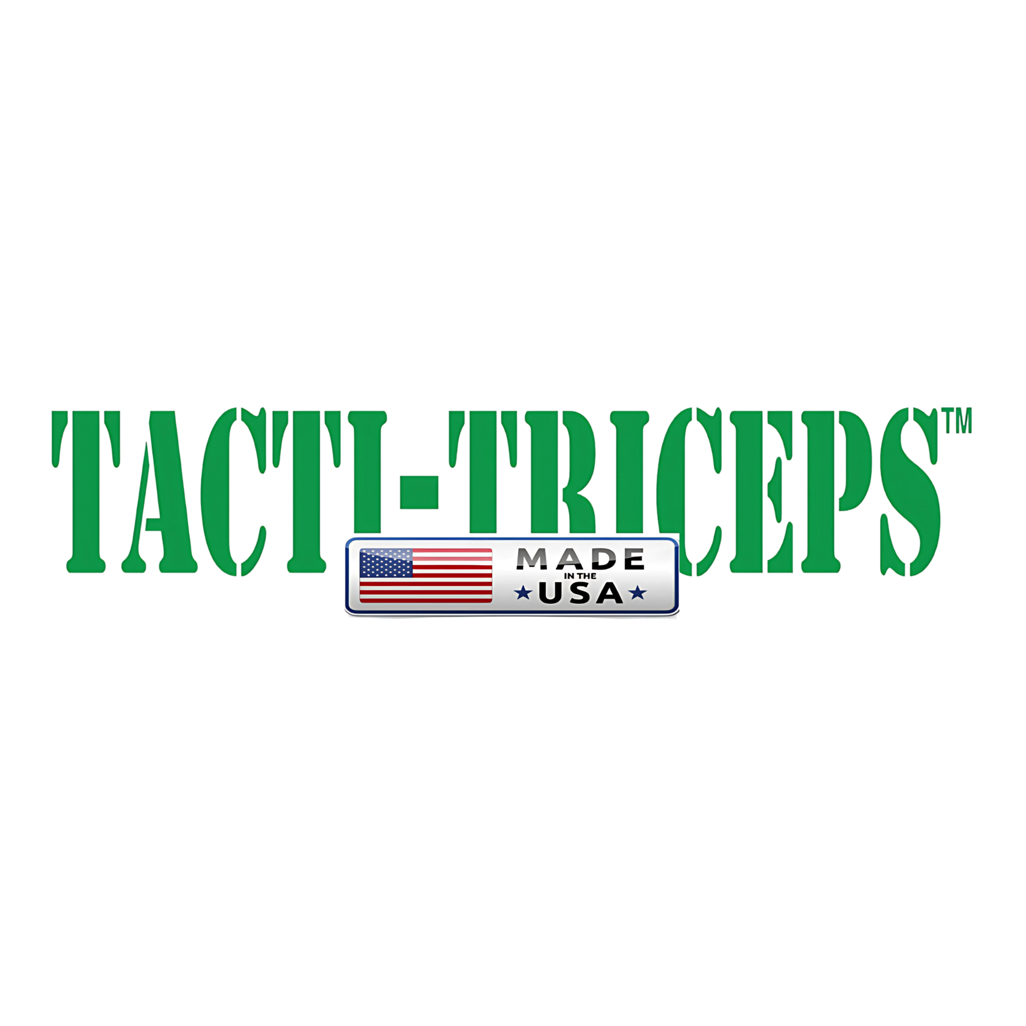Green "TACTI - TRICEPS 'Single'" text emphasizes tactical grip and triceps focus, with a "Made in USA" label and American flag displayed below.