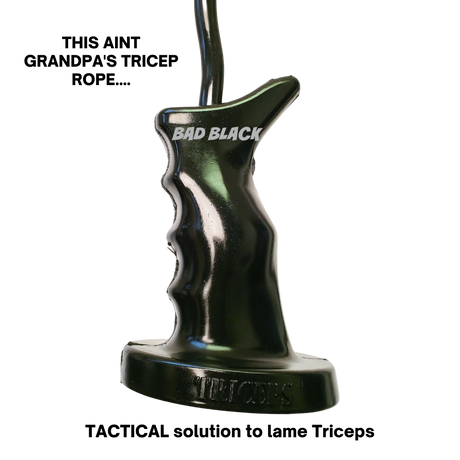 The TACTI - TRICEPS 'Single' Tricep Attachment for Cable Machine features a black ergonomic handle with "BAD BLACK" text, a Tactical Grip for better control, and "TRI JOBS" engraved at the base.