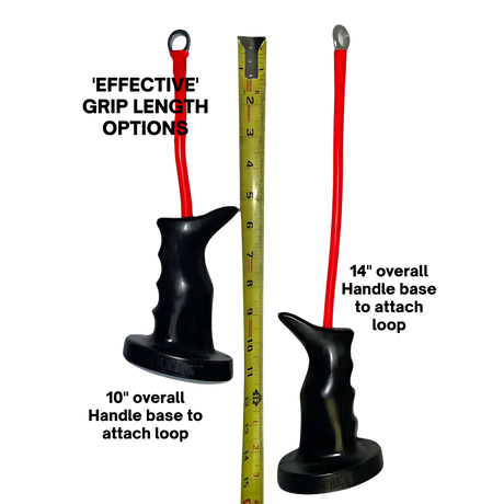 The TACTI - TRICEPS 'Single' Tricep Attachment for Cable Machine features two black ergonomic handles with tactical grips and red cords, shown next to a centimeter measuring tape.