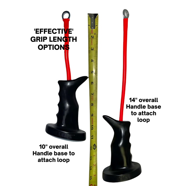 The TACTI - TRICEPS 'Single' Tricep Attachment for Cable Machine features two black ergonomic handles with tactical grips and red cords, shown next to a centimeter measuring tape.