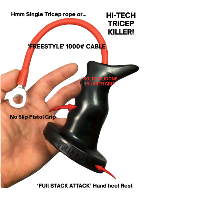 Hand holding the TACTI - TRICEPS 'Single' Tricep Attachment for Cable Machine, a black tool with a red band, featuring a tactical grip and durable material for optimal cable resistance.