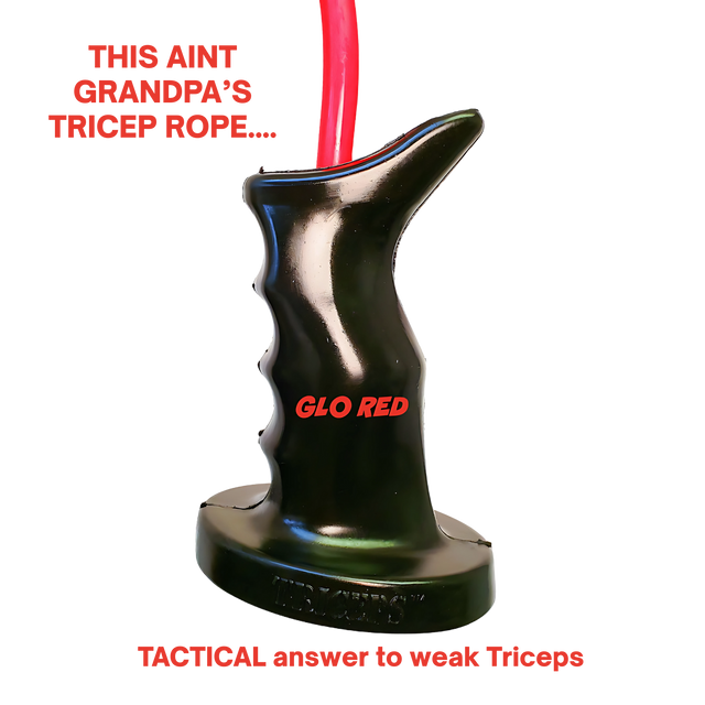 The TACTI - TRICEPS 'Single' Tricep Attachment for Cable Machine is a black ergonomic handle with red text and a red top cable, designed to optimize triceps targeting and enhance resistance during workouts.