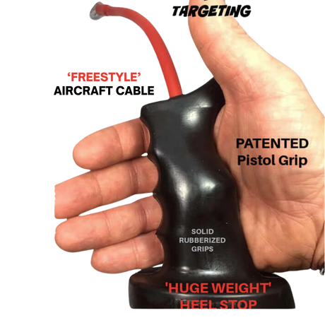 A hand holds the TACTI - TRICEPS 'Single' Tricep Attachment for Cable Machine, featuring a black pistol-grip handle, Tactical Grip, red feature labels, and a red flexible tube for targeted triceps workouts.