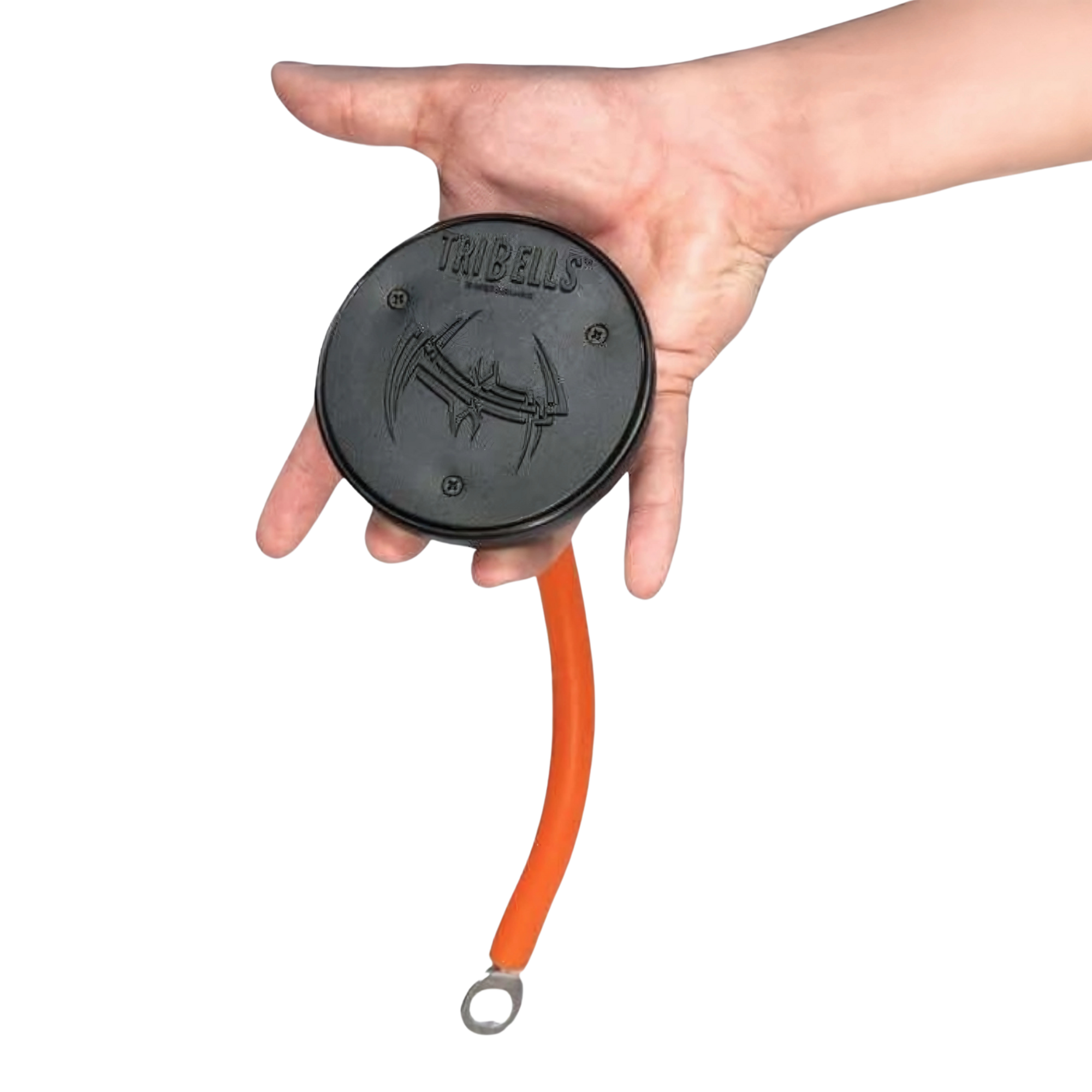 A hand holds the TRIBELLS 4" 'Hi-Tech' Cable Tricep Attachment, a black and orange tool with a looped end and logo, ideal as a tricep rope replacement for cable machines to enhance triceps workouts.