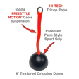 The TRIBELLS 4" 'Hi-Tech' Cable Tricep Attachment Tricep Rope features a black and red design with gripping domes, ideal for triceps workouts and as a durable replacement for your cable machine. Displayed on a sleek black background.