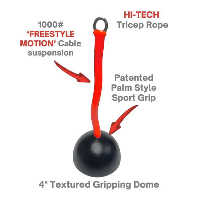 The TRIBELLS 4" 'Hi-Tech' Cable Tricep Attachment Tricep Rope features a black and red design with gripping domes, ideal for triceps workouts and as a durable replacement for your cable machine. Displayed on a sleek black background.