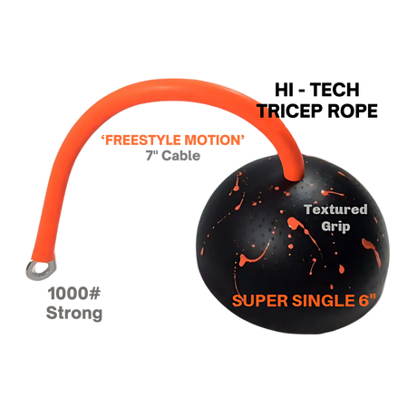 Black and orange TRIBELLS 6" Palms Grip Tricep attachment with a 7" cable, textured grip, and hygienic design, labeled "1000# Strong," destroys dumbbells—perfect for tricep extension cable workouts.
