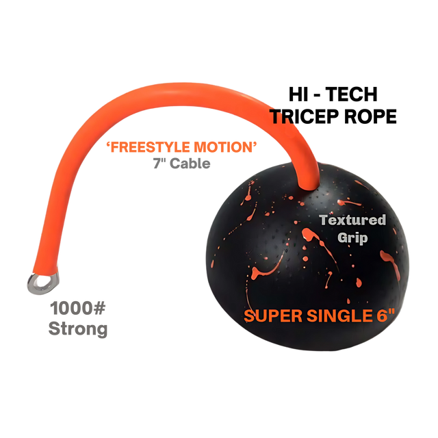 Black and orange TRIBELLS 6" Palms Grip Tricep attachment with a 7" cable, textured grip, and hygienic design, labeled "1000# Strong," destroys dumbbells—perfect for tricep extension cable workouts.