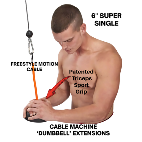 Shirtless man using the TRIBELLS 6" Palms Grip Tricep attachment on a cable machine, with a red arrow highlighting its hygienic grip design. "TRIBELLS destroys dumbbells!.