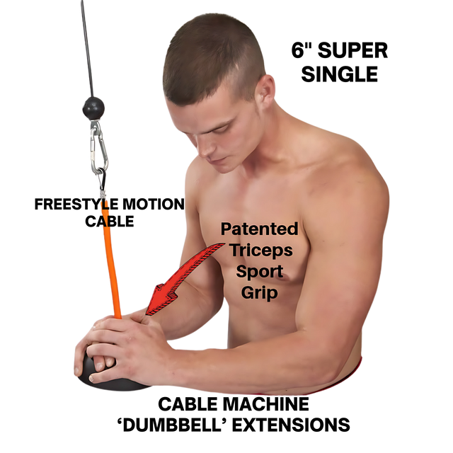 Shirtless man using the TRIBELLS 6" Palms Grip Tricep attachment on a cable machine, with a red arrow highlighting its hygienic grip design. "TRIBELLS destroys dumbbells!.