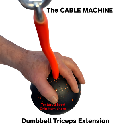 Hand gripping the TRIBELLS 6" Palms Grip Tricep attachment, featuring a black textured ball with an orange handle, designed for hygienic use and perfect for tricep extensions—destroys dumbbells!.