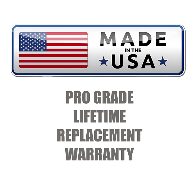 A "Made in the USA" sign with an American flag and text: TRIBELLS 6" Palms Grip Tricep attachment destroys dumbbells! Includes Pro-Grade Lifetime Replacement Warranty. Hygienic design ensures safe, reliable cable machine tension each workout.