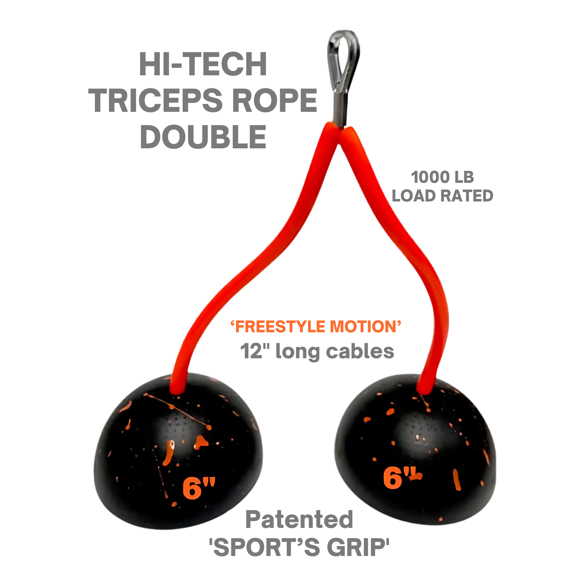 The TRIBELLS 6" Palms Grip Tricep attachment destroys dumbbells! With orange cables, black grips, 6" balls, and a hygienic design, it's perfect for tricep extension cable workouts and rated for 1000 lbs of machine tension.