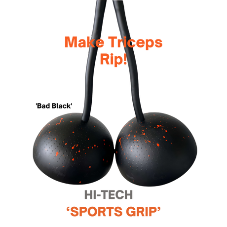 A pair of TRIBELLS 6" Palms Grip Tricep attachments, black with orange speckles and “Make Triceps Rip! HI-TECH 'SPORTS GRIP'” text—ideal for intense, hygienic tricep cable workouts that destroy dumbbells!.