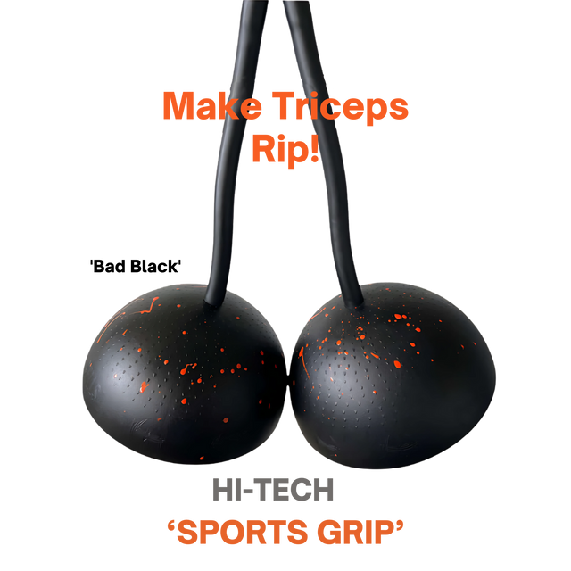 A pair of TRIBELLS 6" Palms Grip Tricep attachments, black with orange speckles and “Make Triceps Rip! HI-TECH 'SPORTS GRIP'” text—ideal for intense, hygienic tricep cable workouts that destroy dumbbells!.