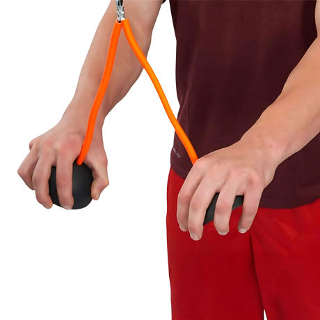 A person performs tricep press downs using the TRIBELLS 'Double Live' Cable Tricep Attachment Grip Domes, pulling the handles downward with both hands.