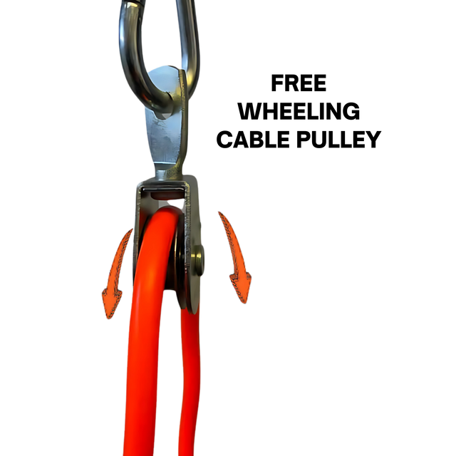 The TRIBELLS 'Double Live' Cable Tricep Attachment Grip Domes feature a triceps extension rope threaded through a metal pulley, with two orange arrows showing rope direction for focused triceps exercises.