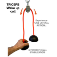 Hand holding TRIBELLS 'Double Live' Cable Tricep Attachment Grip Domes with two orange bands, black grips—highlights triceps stabilization benefits, ideal for Tricep Workouts or Triceps Press Downs.