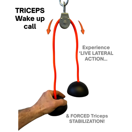 Hand holding TRIBELLS 'Double Live' Cable Tricep Attachment Grip Domes with two orange bands, black grips—highlights triceps stabilization benefits, ideal for Tricep Workouts or Triceps Press Downs.