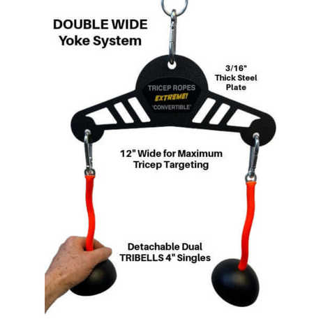 Enhance triceps extensions with the TRIBELLS 'Double Wide' system, featuring a yoke with tricep ropes, detachable handles, thick steel plate, and Live Wire cables for precision.