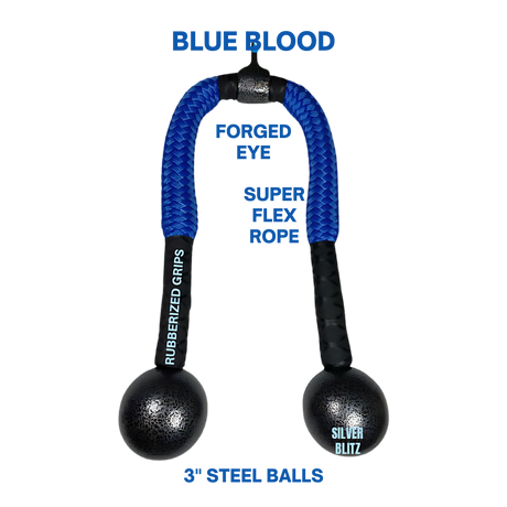 TRICEPS ROPE CABLE Extreme Performance Viper / Twisted Sisters features a blue rope with rubber grips and two black steel balls labeled “Blue Blood” and “Silver Blitz,” shown on a black background.