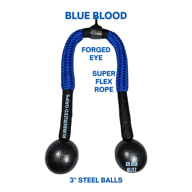 TRICEPS ROPE CABLE Extreme Performance Viper / Twisted Sisters features a blue rope with rubber grips and two black steel balls labeled “Blue Blood” and “Silver Blitz,” shown on a black background.