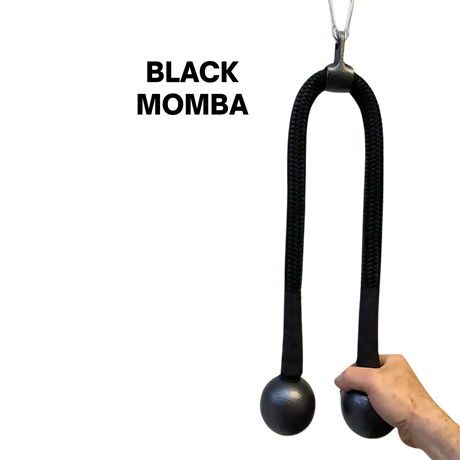 A hand holds the TRICEPS ROPE CABLE Extreme Performance Viper / Twisted Sisters, a USA-made triceps rope with two weighted balls at the ends, against a black background.