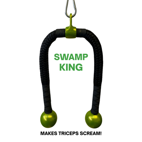 The HOG LEGS Wicked 'Piglet' Tricep Gym Bar COMBO features a 1-3/4" FAT GRIP handle and a 36" VIPER TRICEP ROPE, designed for triceps workouts with distinctive black and green "SWAMP KING" branding and round ends, hanging from a hook.