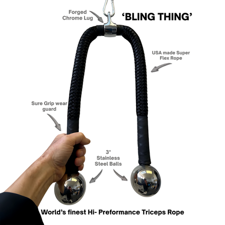 A hand holds the TRICEPS ROPE CABLE Extreme Performance Viper / Twisted Sisters, made in the USA with chrome balls and metal hardware, highlighting its key features for extreme performance.