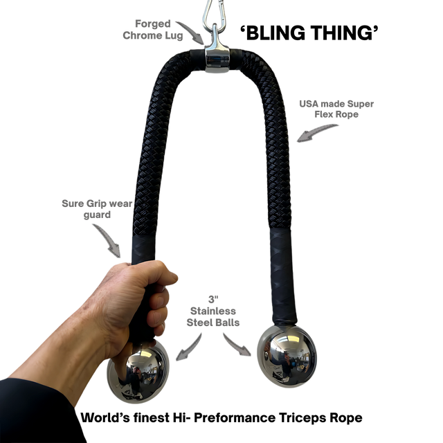 A hand holds the TRICEPS ROPE CABLE Extreme Performance Viper / Twisted Sisters, made in the USA with chrome balls and metal hardware, highlighting its key features for extreme performance.