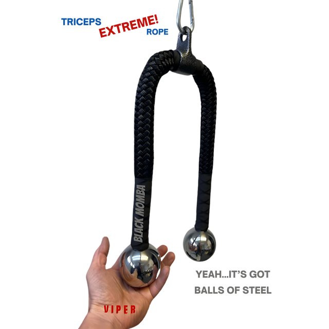 A hand grips the TRICEPS ROPE CABLE Extreme Performance Viper / Twisted Sisters, a black braided rope with steel ball ends designed for top performance.