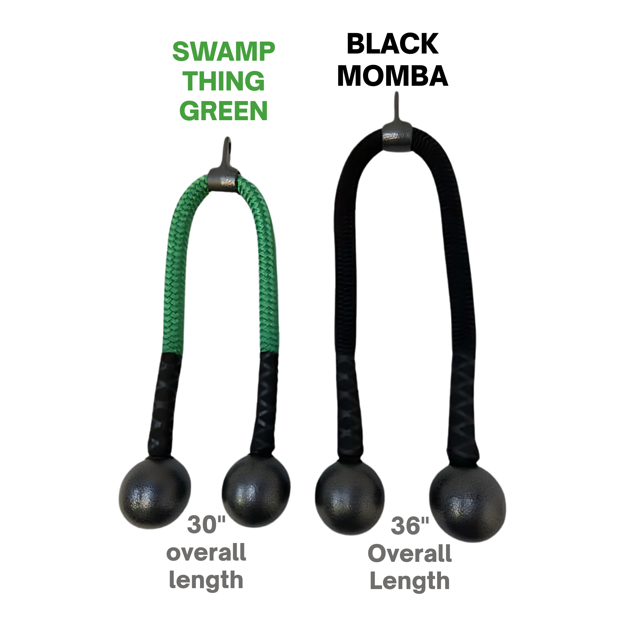 The TRICEPS ROPE CABLE Extreme Performance Viper / Twisted Sisters includes two monkey fist hitches: one 30" green & black ("Swamp Thing Green"), one 36" all black. USA made for extreme performance—perfect as a unique triceps rope or durable accessory.