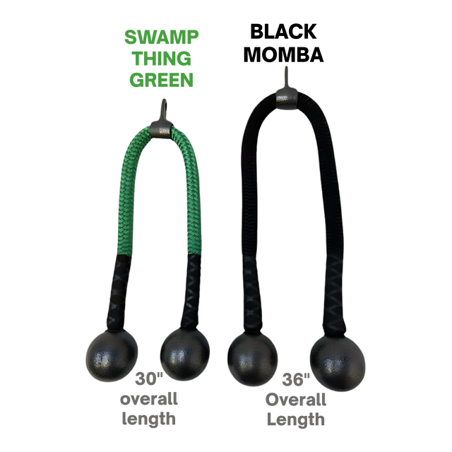 The TRICEPS ROPE CABLE Extreme Performance Viper / Twisted Sisters includes two monkey fist hitches: one 30" green & black ("Swamp Thing Green"), one 36" all black. USA made for extreme performance—perfect as a unique triceps rope or durable accessory.