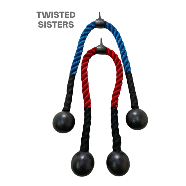 The TRICEPS ROPE CABLE Extreme Performance Viper / Twisted Sisters features blue and red rope-like weights with "Twisted Sisters" labeled on a black background. Made in the USA for serious triceps training.