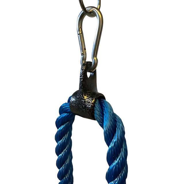 The TRICEPS ROPE CABLE Extreme Performance Viper / Twisted Sisters features a blue rope with a metal clip and ring, plus a textured black connector, all designed for extreme performance.