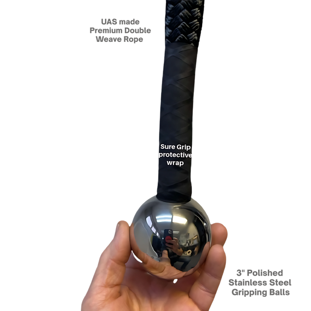 Hand gripping the USA Made TRICEPS ROPE CABLE Extreme Performance Viper / Twisted Sisters, featuring a stainless steel ball for secure hold and highlighted product features.