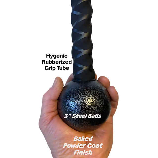 Hand holding the TRICEPS ROPE CABLE Extreme Performance Viper / Twisted Sisters with a textured black steel ball and baked powder coat finish for extreme durability.