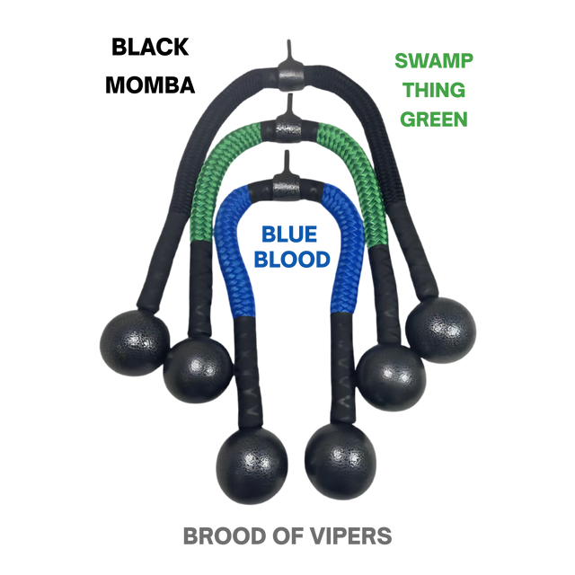 The TRICEPS ROPE CABLE Extreme Performance Viper / Twisted Sisters, with black handles and green or blue cords labeled "Swamp Thing Green" and "Blue Blood," delivers top workout results. Proudly made in the USA for lasting quality.
