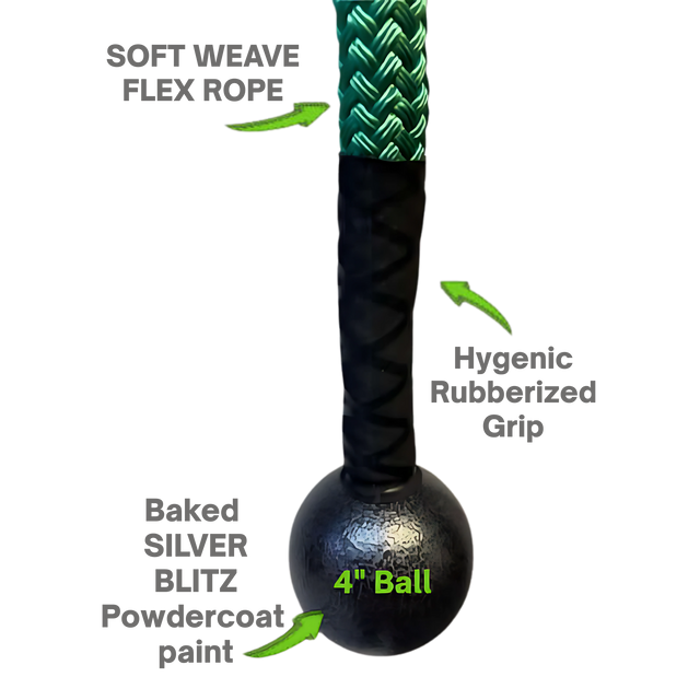 Close-up of a green and black TRICEPS ROPE CABLE Extreme Performance Viper / Twisted Sisters with rubber grip, 4" black end ball, USA-made and labeled with features.