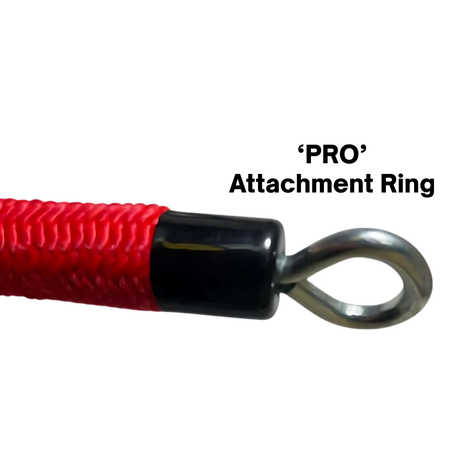 Close-up of the TRICEPS ROPE EXTREME 'Singles' triceps cable workout rope in red, featuring a cushioned grip and metal eyelet, isolated on a white background.