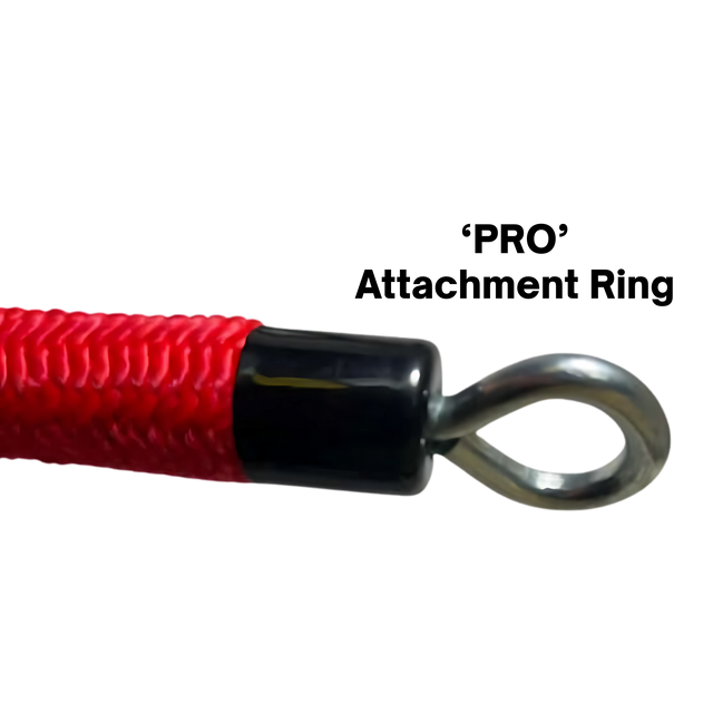 Close-up of the TRICEPS ROPE EXTREME 'Singles' triceps cable workout rope in red, featuring a cushioned grip and metal eyelet, isolated on a white background.