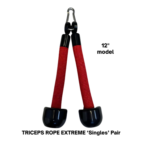 The TRICEPS ROPE EXTREME 'Singles' Triceps Cable Workouts rope features a red and black design, cushioned grip, plastic end caps, and a metal clip—ideal for boosting your triceps workout at the gym.