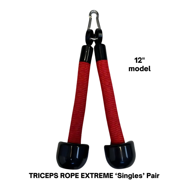 The TRICEPS ROPE EXTREME 'Singles' Triceps Cable Workouts rope features a red and black design, cushioned grip, plastic end caps, and a metal clip—ideal for boosting your triceps workout at the gym.