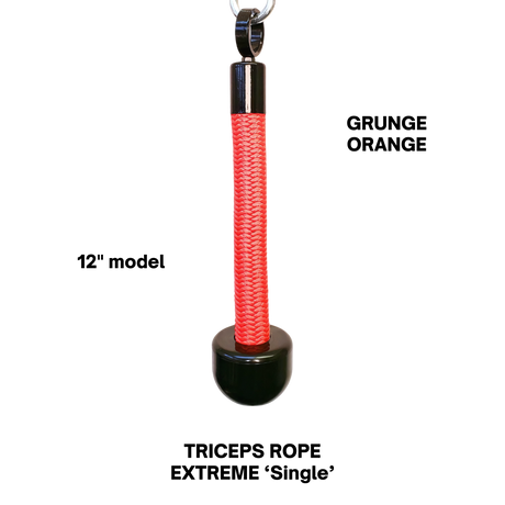 The TRICEPS ROPE EXTREME 'Singles' Triceps Cable Workout Rope features a red braided design, cushioned grip, and black plastic base, hanging from a metal clip against a black background.
