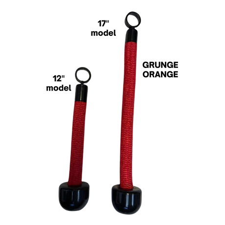 Two red TRICEPS ROPE EXTREME 'Singles' dog tug toys with black handles and rings—one shorter—offer a cushioned grip like a triceps rope, ideal for play or inspiring your next workout. Displayed on a sleek black background.